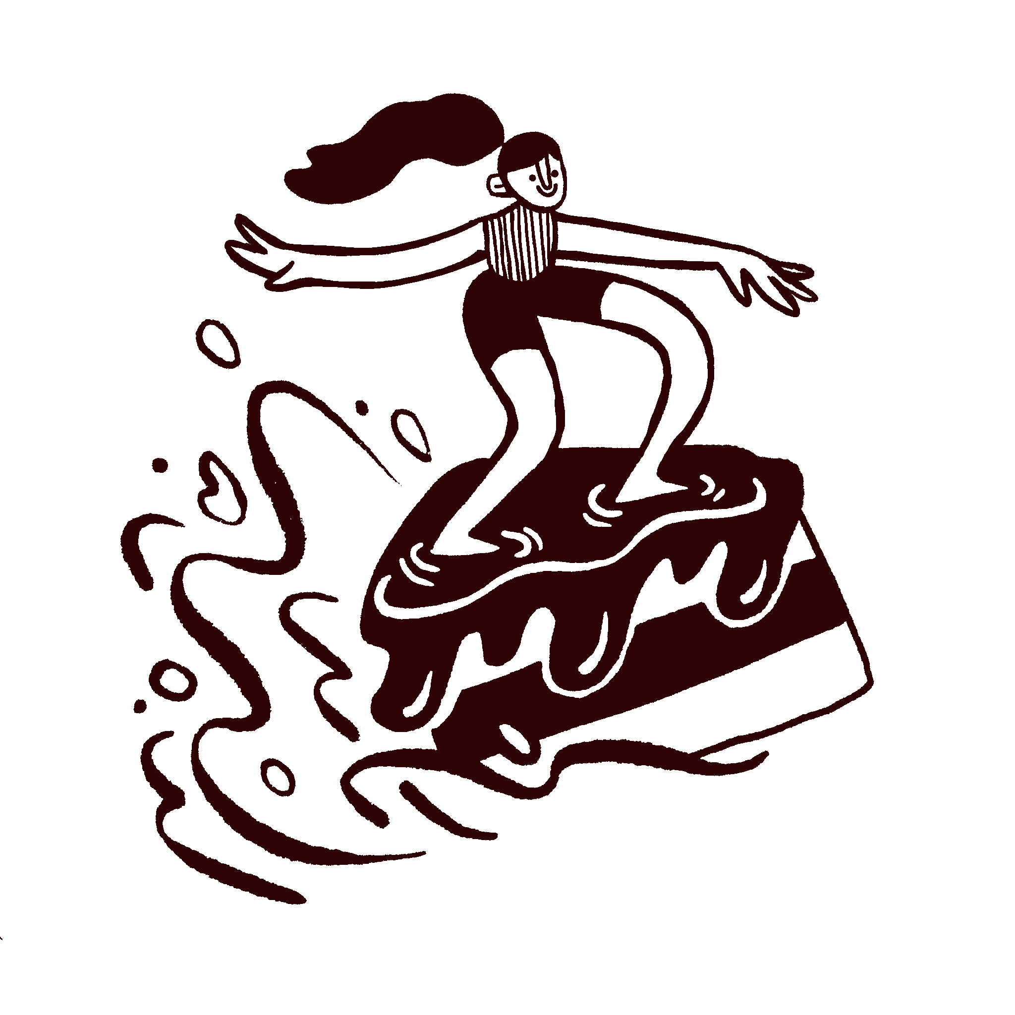 Stylized character surfing on a slice of cake, balancing playfully as frosting splashes around.