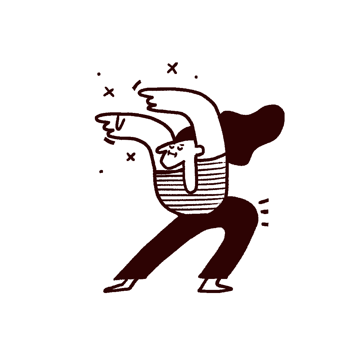 Personaggio animato e stilizzato che danza con energia, con capelli fluenti e movimenti giocosi.